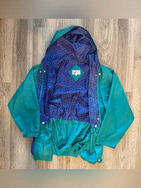 Vintage Windy Weather Teal Hooded Windbreaker Jacket Geometric Lining Womens L